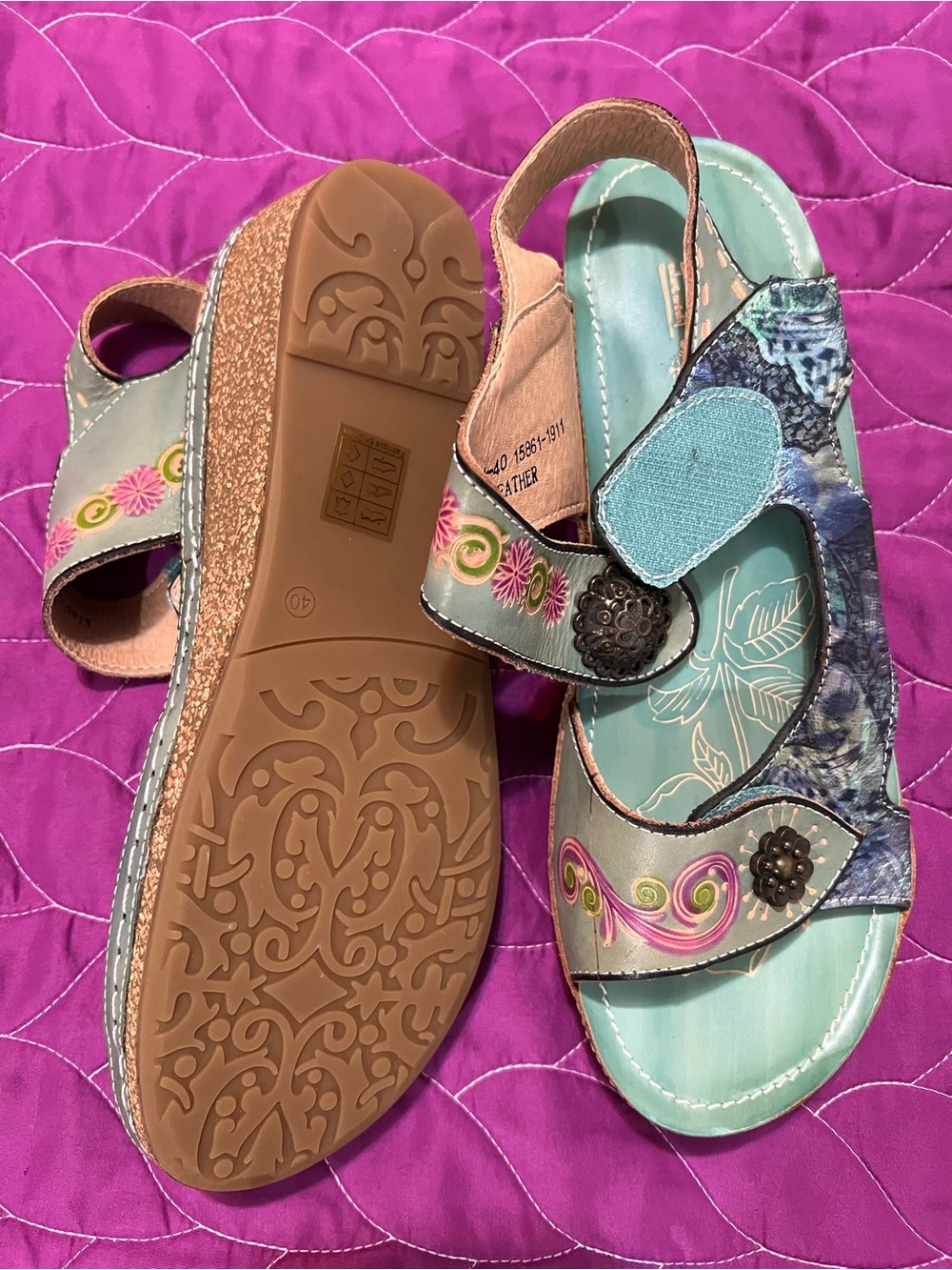 Spring Step Turquoise Multi-Accent Floral Sandals - Picture 2 of 3
